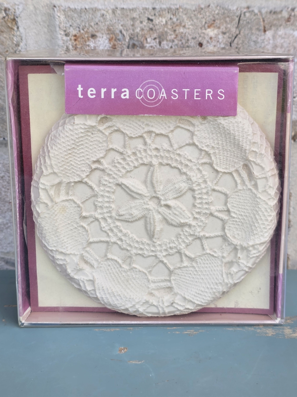 Vintage Terra Coasters Lace Floral Stone Coaster Set Made in USA